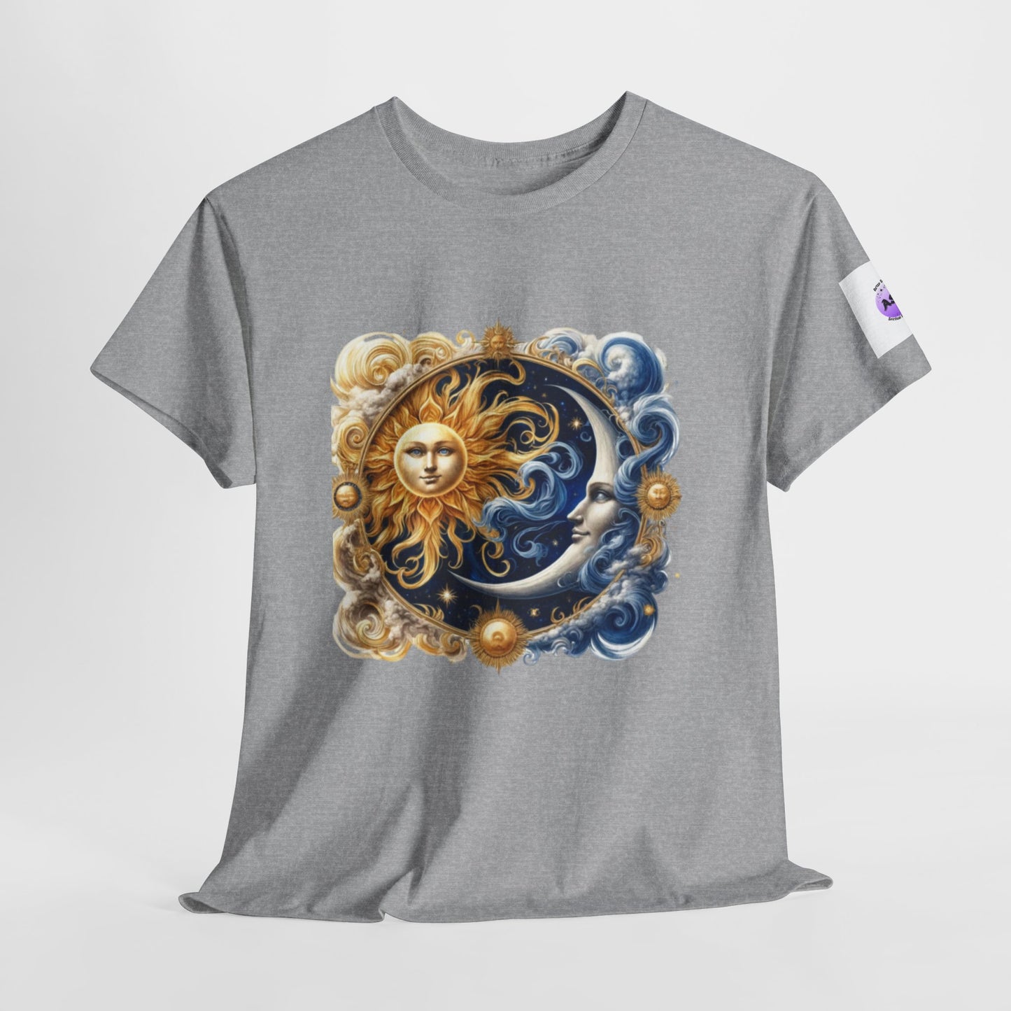 Unisex Heavy Cotton Tee with Celestial Design, Cosmic Tee, Astrology Shirt, Spiritual Apparel, Summer Solstice Gift, Zodiac Top