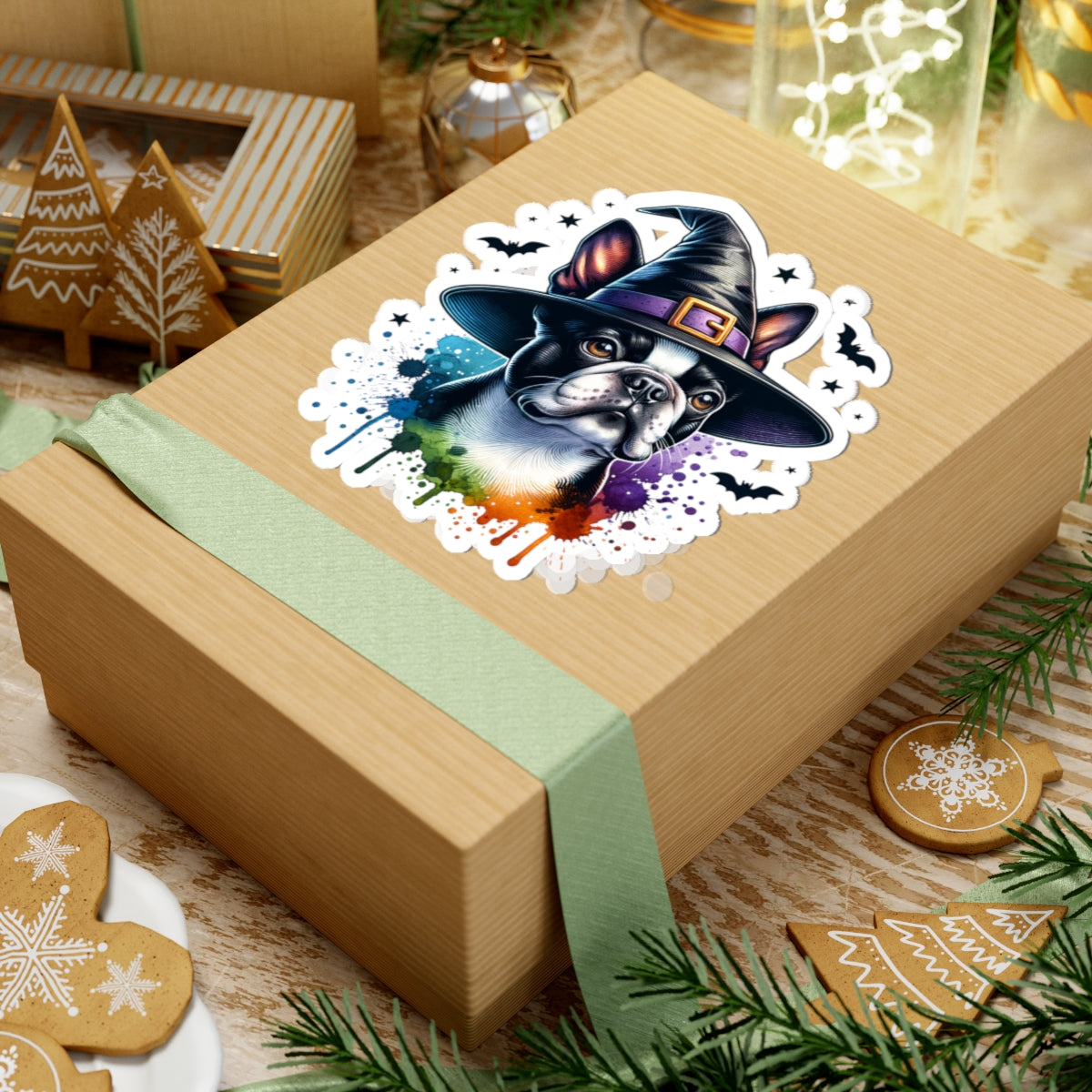 Halloween Bulldog Boston Terrier Stickers,  Cute Witch Hat Bulldog Boston Terrier Decals, Pet Lover Gift, Spooky Decor, Laptop Stickers