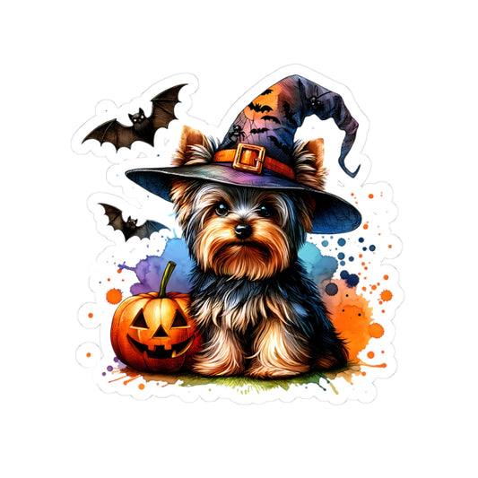 Halloween Yorkie Sticker wearing Witchy Hat