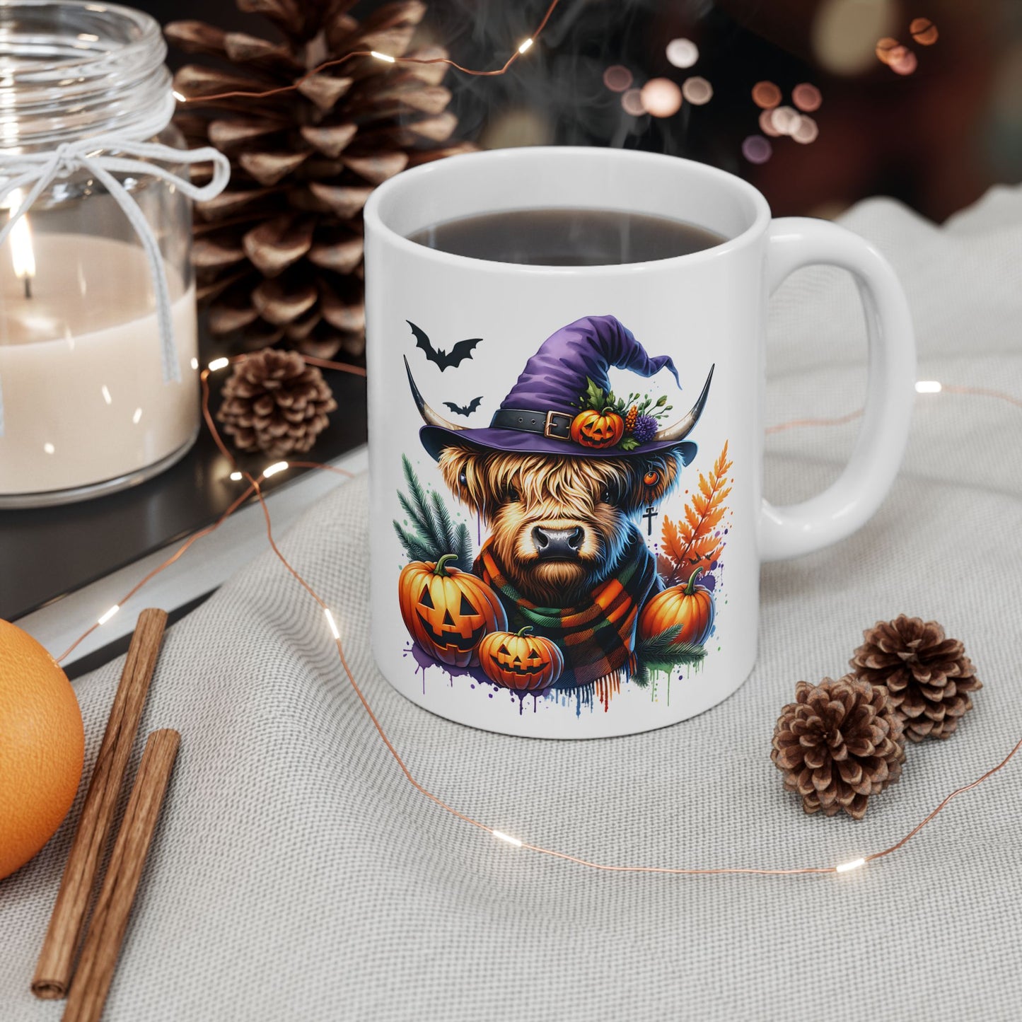 Halloween Highland Cow Mug with Witch Hat – Spooky Farmhouse Style
