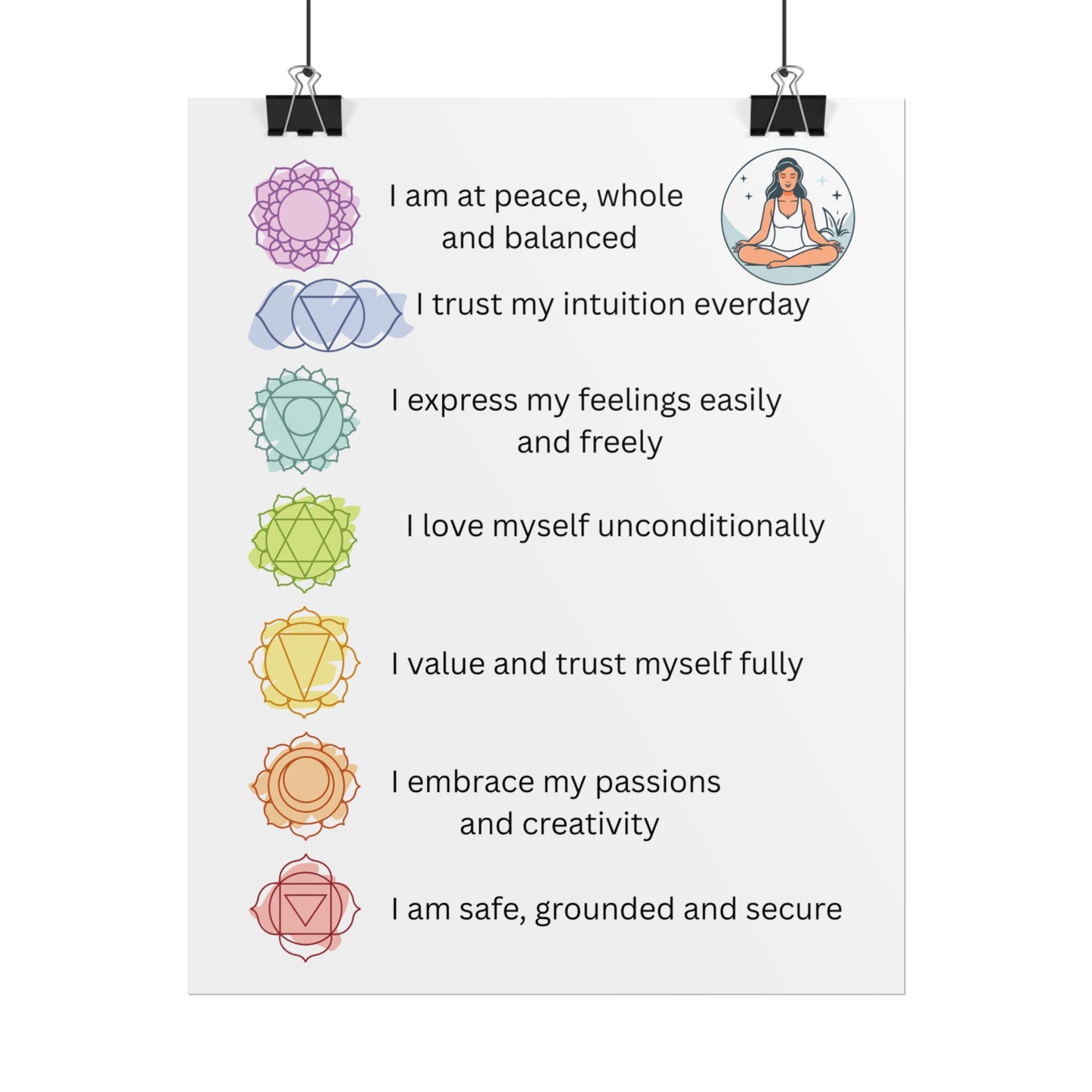 Chakra Affirmation Rolled Posters, Spiritual Decor, Yoga Art, Meditation Wall Art, Mindfulness Gifts, Positive Vibes