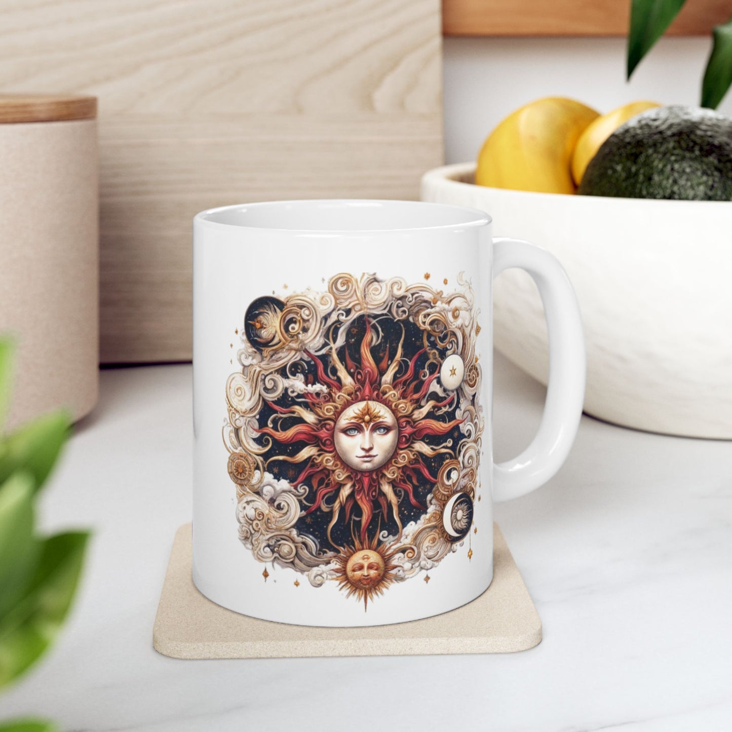 Celestial Sun Artistic Ceramic Mug, Coffee Cup, Unique Gift, Home Decor, Ceramic Drinkware, Bohemian Style