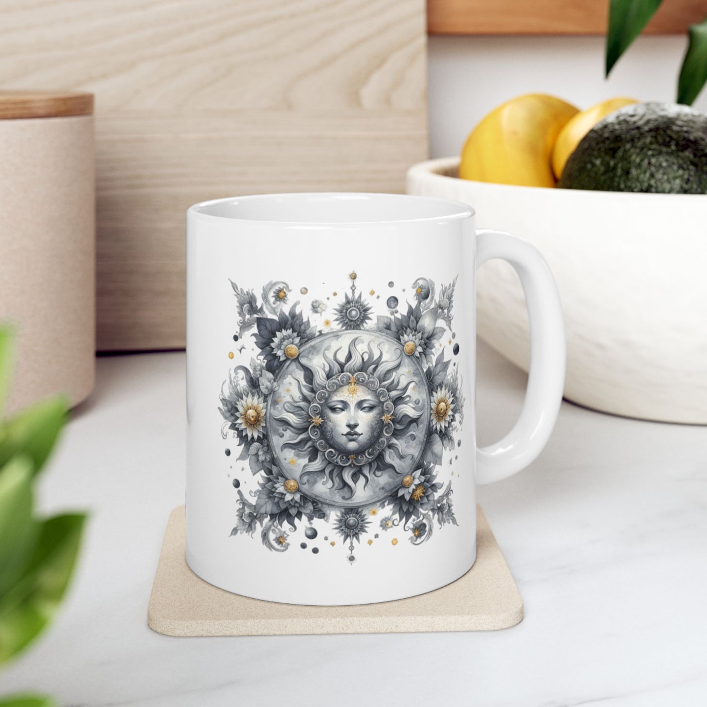 Blue Floral Celestial Design Ceramic Mug - Perfect for Coffee Lovers, Home Decor, Gifts, Birthday, Tea Time, Floral Art