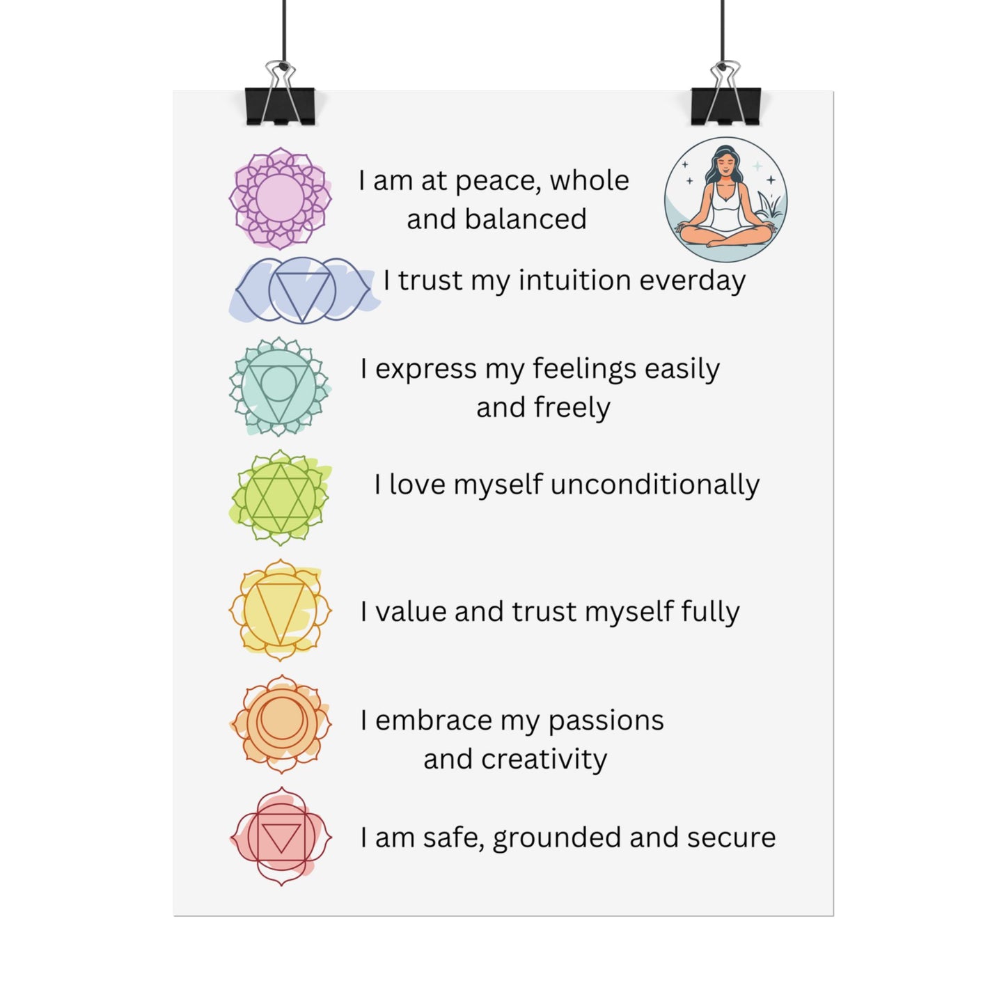 Chakra Affirmation Rolled Posters, Spiritual Decor, Yoga Art, Meditation Wall Art, Mindfulness Gifts, Positive Vibes