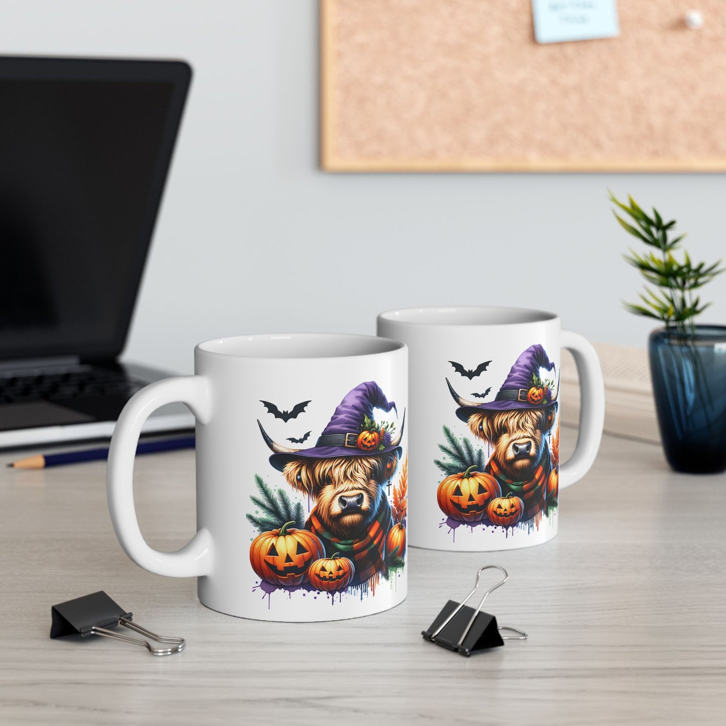 Halloween Highland Cow Mug with Witch Hat – Spooky Farmhouse Style