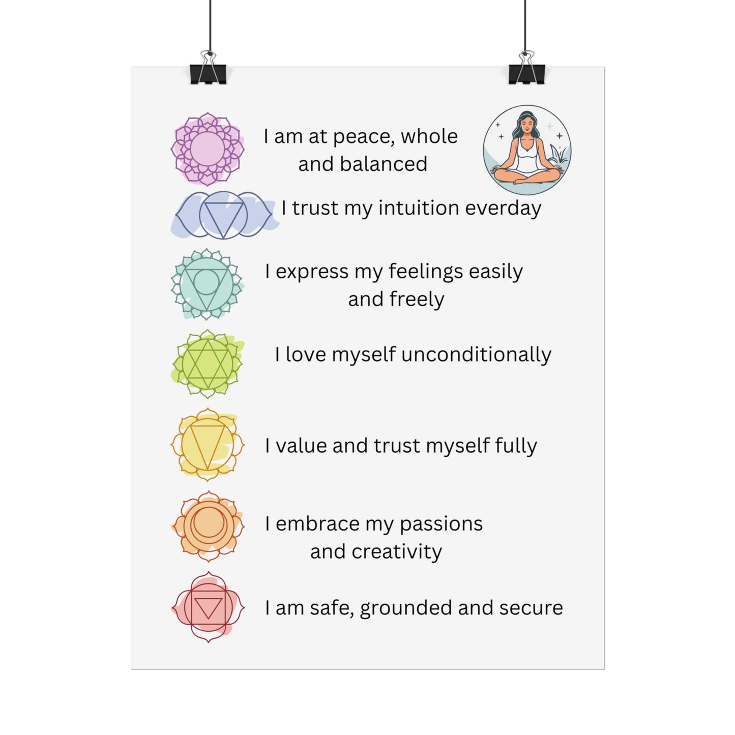 Chakra Affirmation Rolled Posters, Spiritual Decor, Yoga Art, Meditation Wall Art, Mindfulness Gifts, Positive Vibes