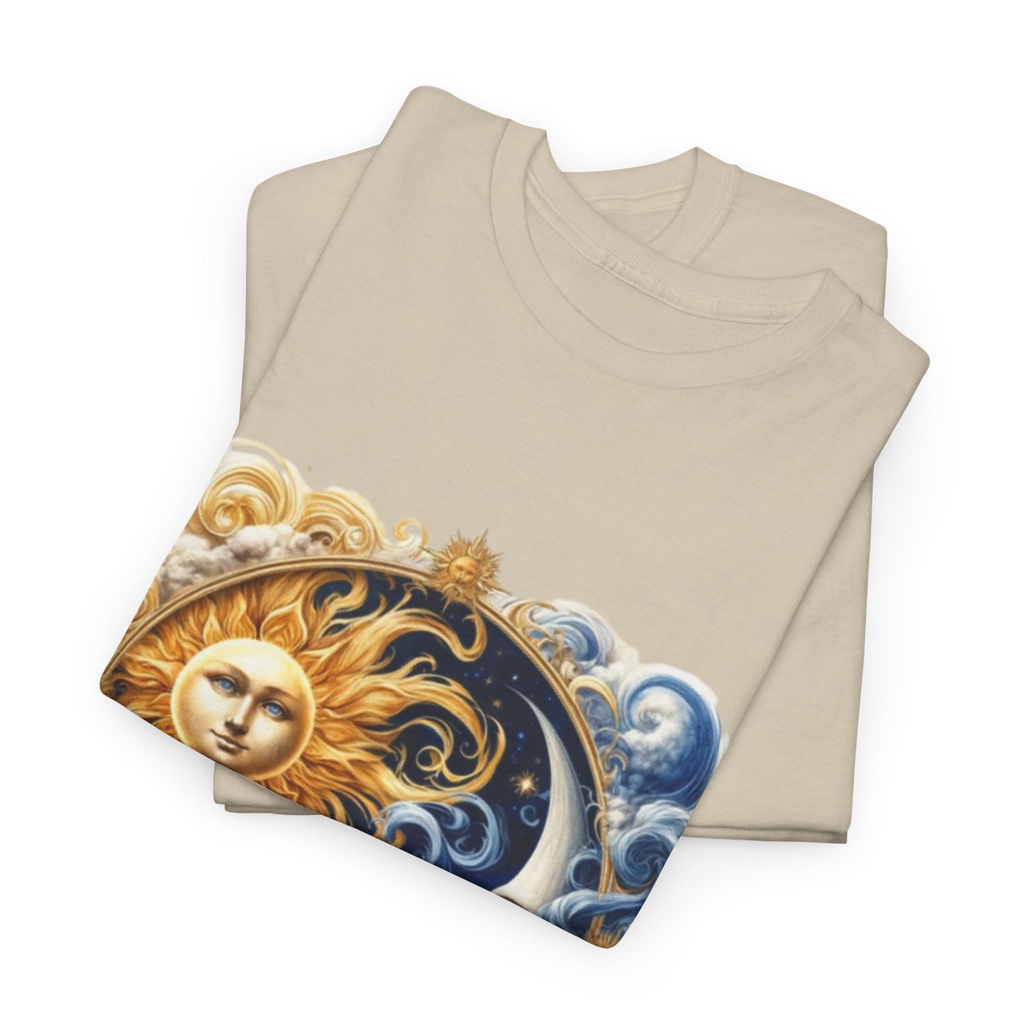 Unisex Heavy Cotton Tee with Celestial Design, Cosmic Tee, Astrology Shirt, Spiritual Apparel, Summer Solstice Gift, Zodiac Top