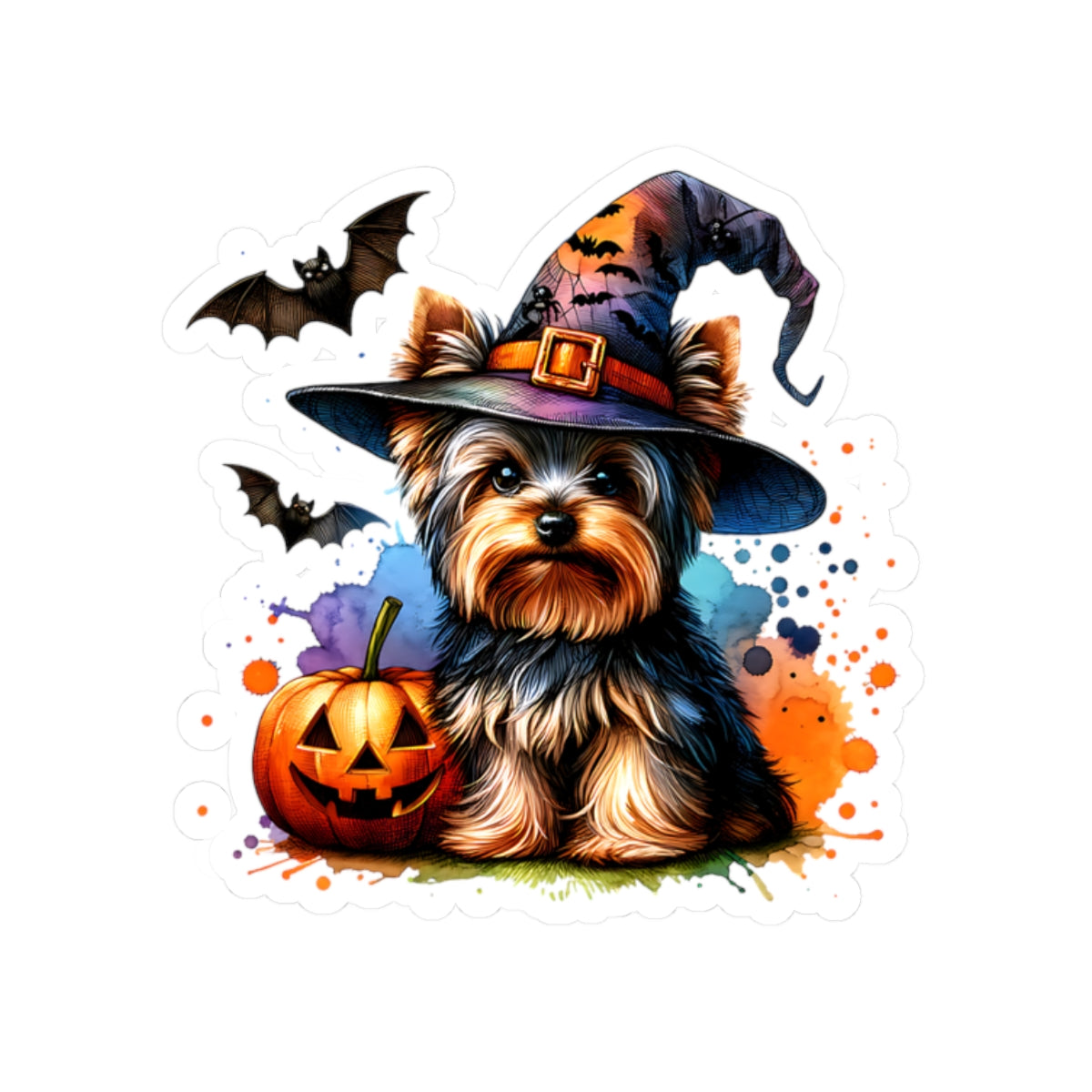 Halloween Yorkie Sticker wearing Witchy Hat