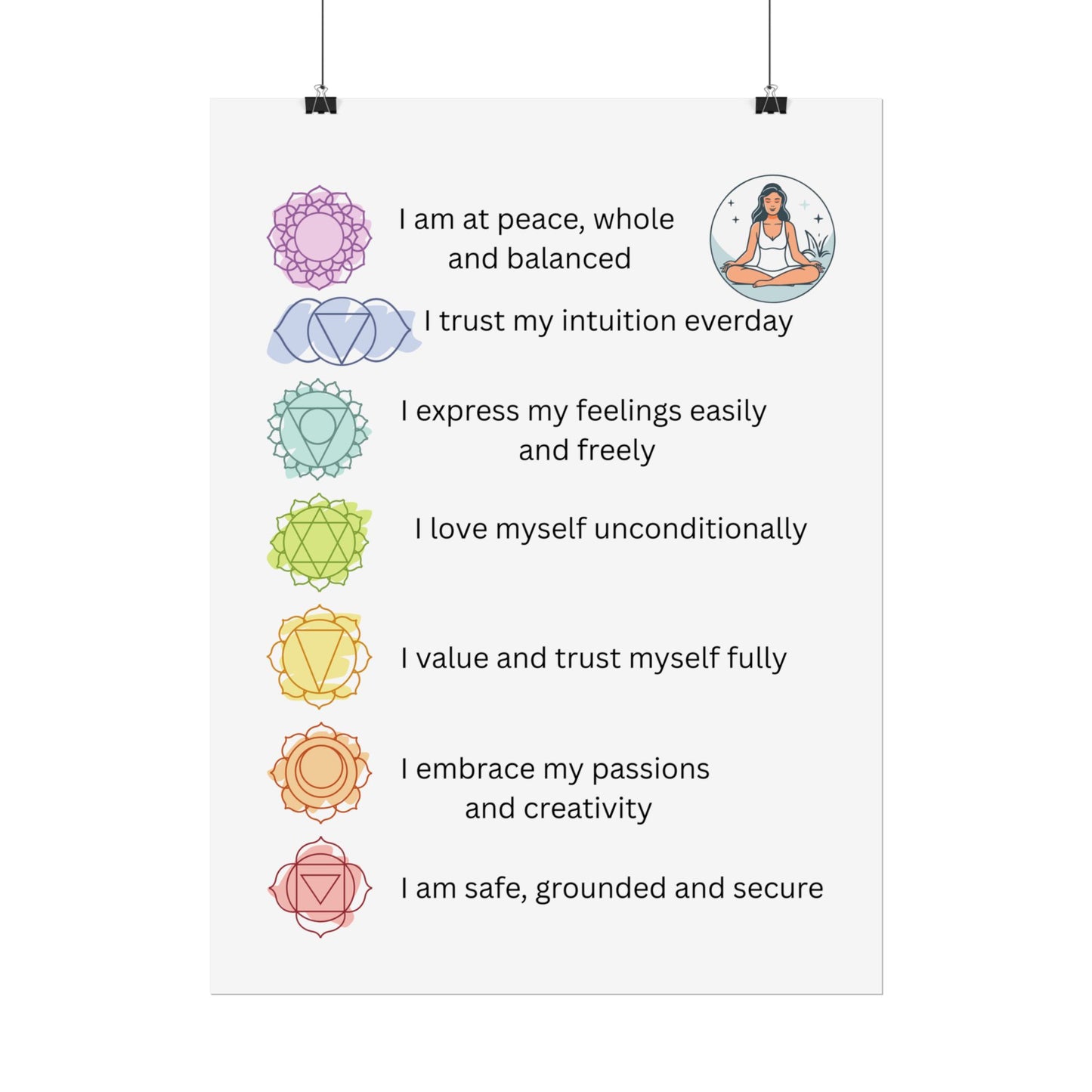 Chakra Affirmation Rolled Posters, Spiritual Decor, Yoga Art, Meditation Wall Art, Mindfulness Gifts, Positive Vibes