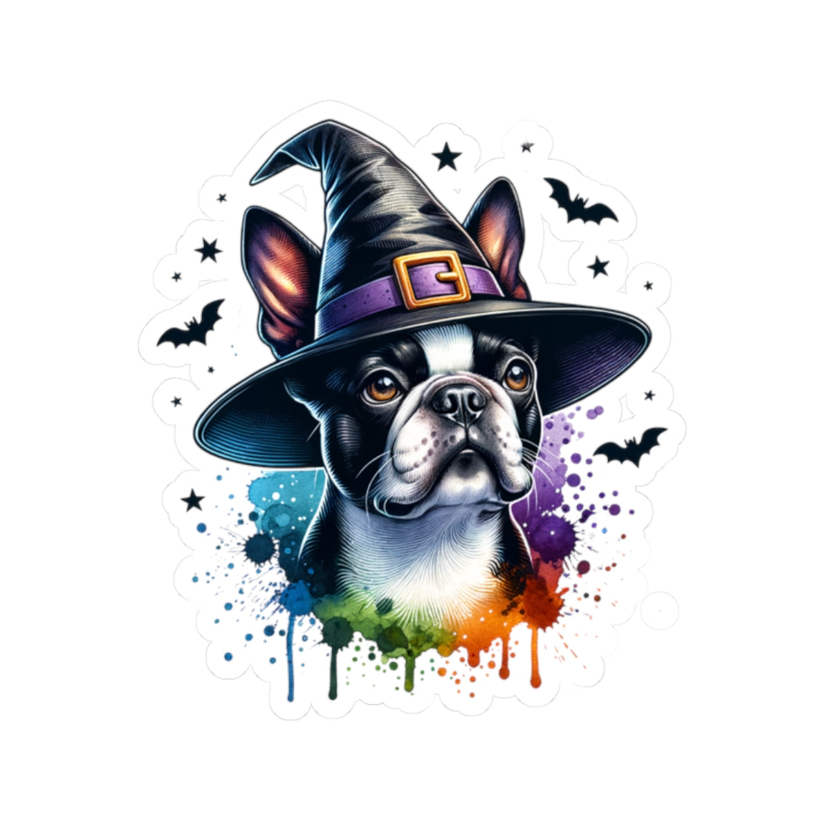 Halloween Bulldog Boston Terrier Stickers,  Cute Witch Hat Bulldog Boston Terrier Decals, Pet Lover Gift, Spooky Decor, Laptop Stickers