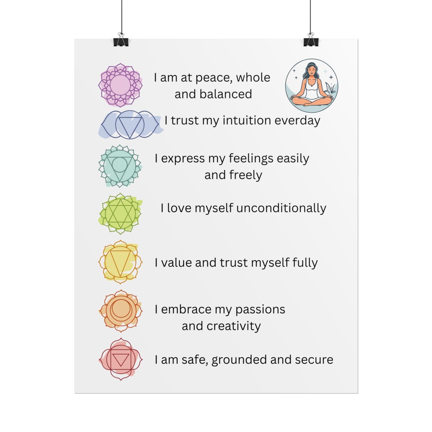 Chakra Affirmation Rolled Posters, Spiritual Decor, Yoga Art, Meditation Wall Art, Mindfulness Gifts, Positive Vibes