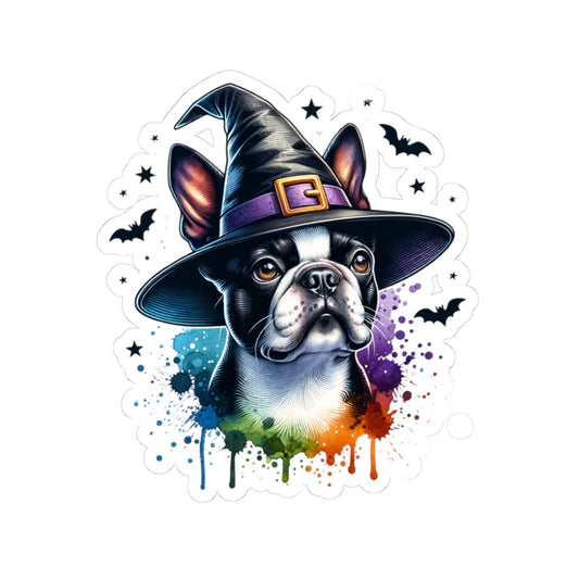 Halloween Bulldog Boston Terrier Stickers,  Cute Witch Hat Bulldog Boston Terrier Decals, Pet Lover Gift, Spooky Decor, Laptop Stickers