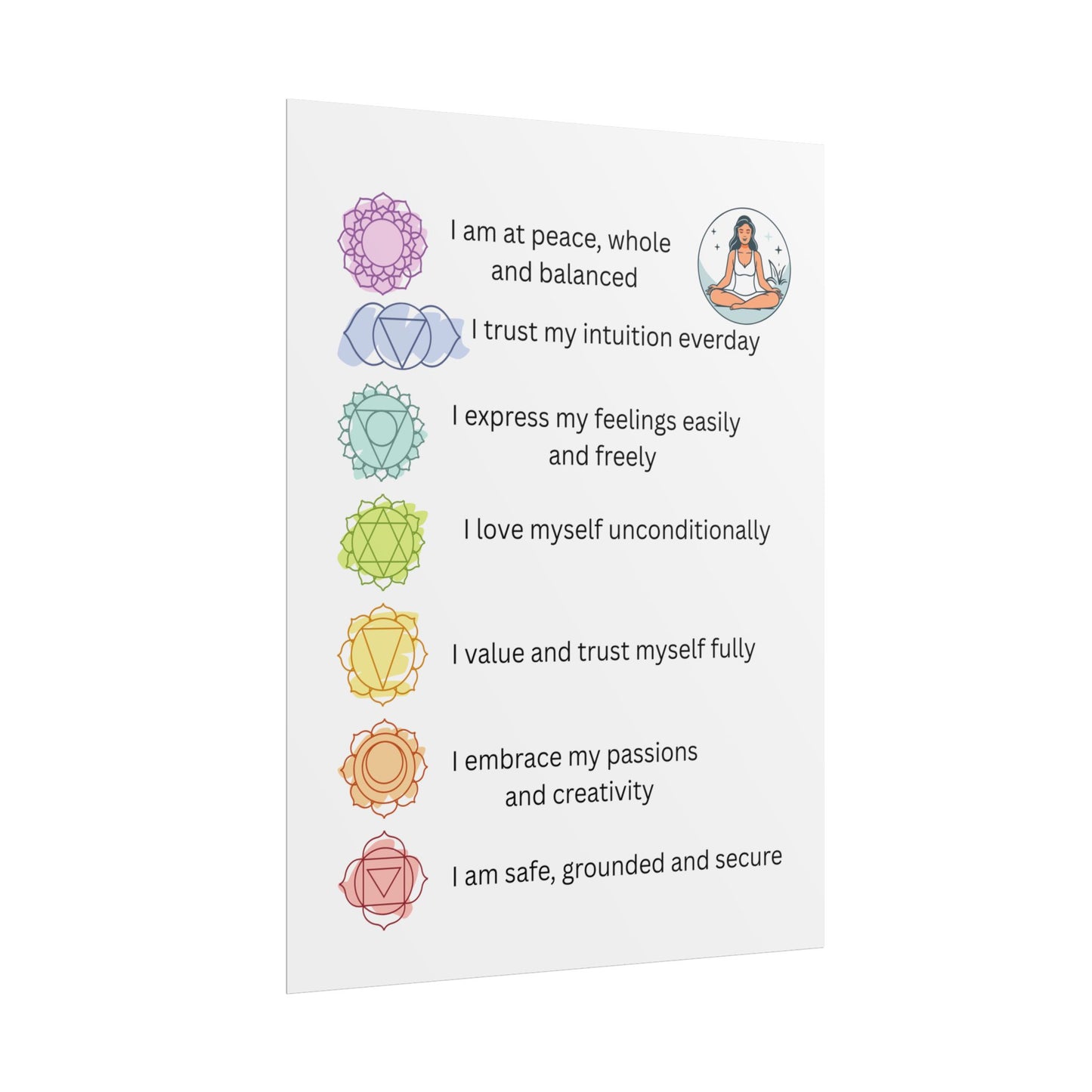 Chakra Affirmation Rolled Posters, Spiritual Decor, Yoga Art, Meditation Wall Art, Mindfulness Gifts, Positive Vibes