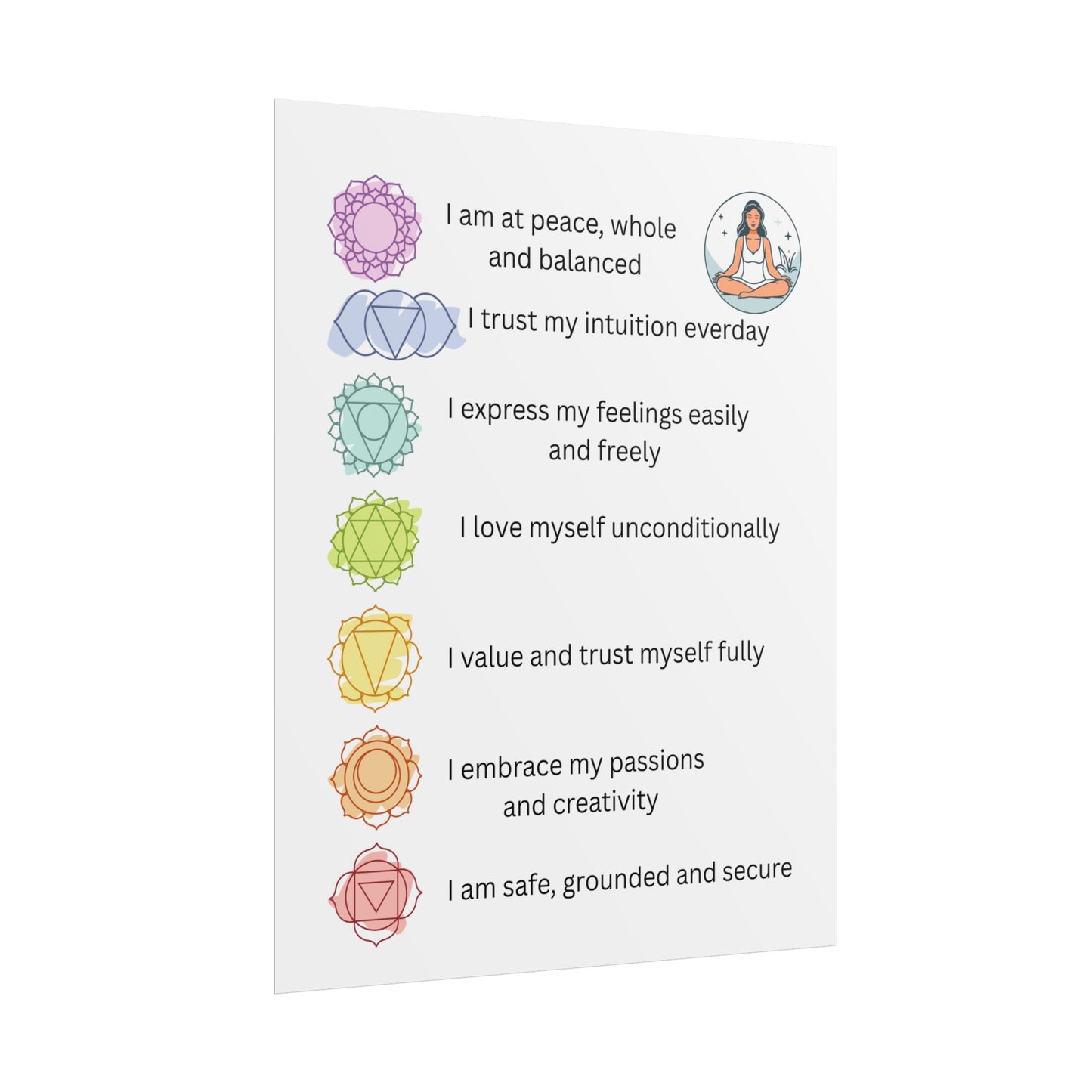 Chakra Affirmation Rolled Posters, Spiritual Decor, Yoga Art, Meditation Wall Art, Mindfulness Gifts, Positive Vibes