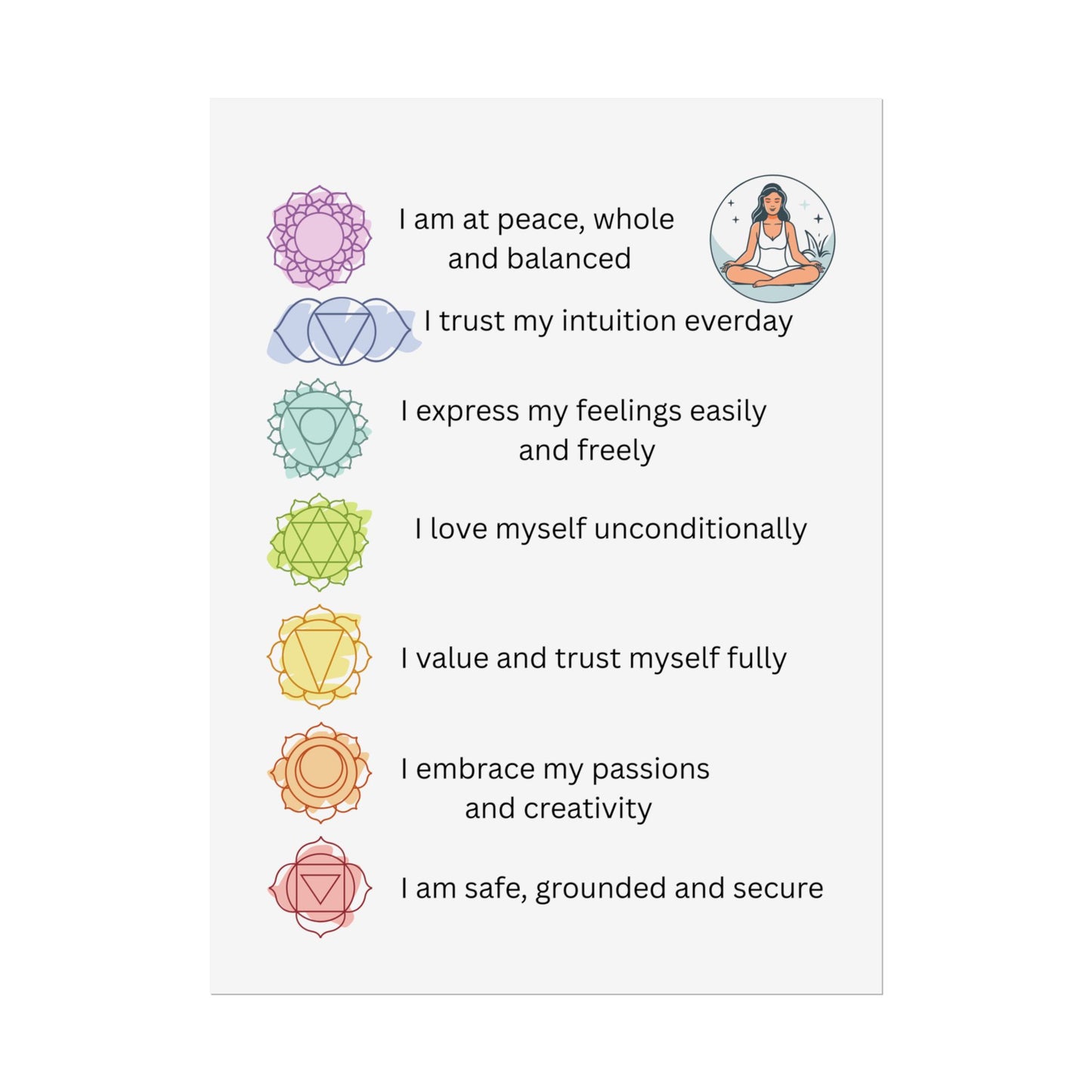 Chakra Affirmation Rolled Posters, Spiritual Decor, Yoga Art, Meditation Wall Art, Mindfulness Gifts, Positive Vibes