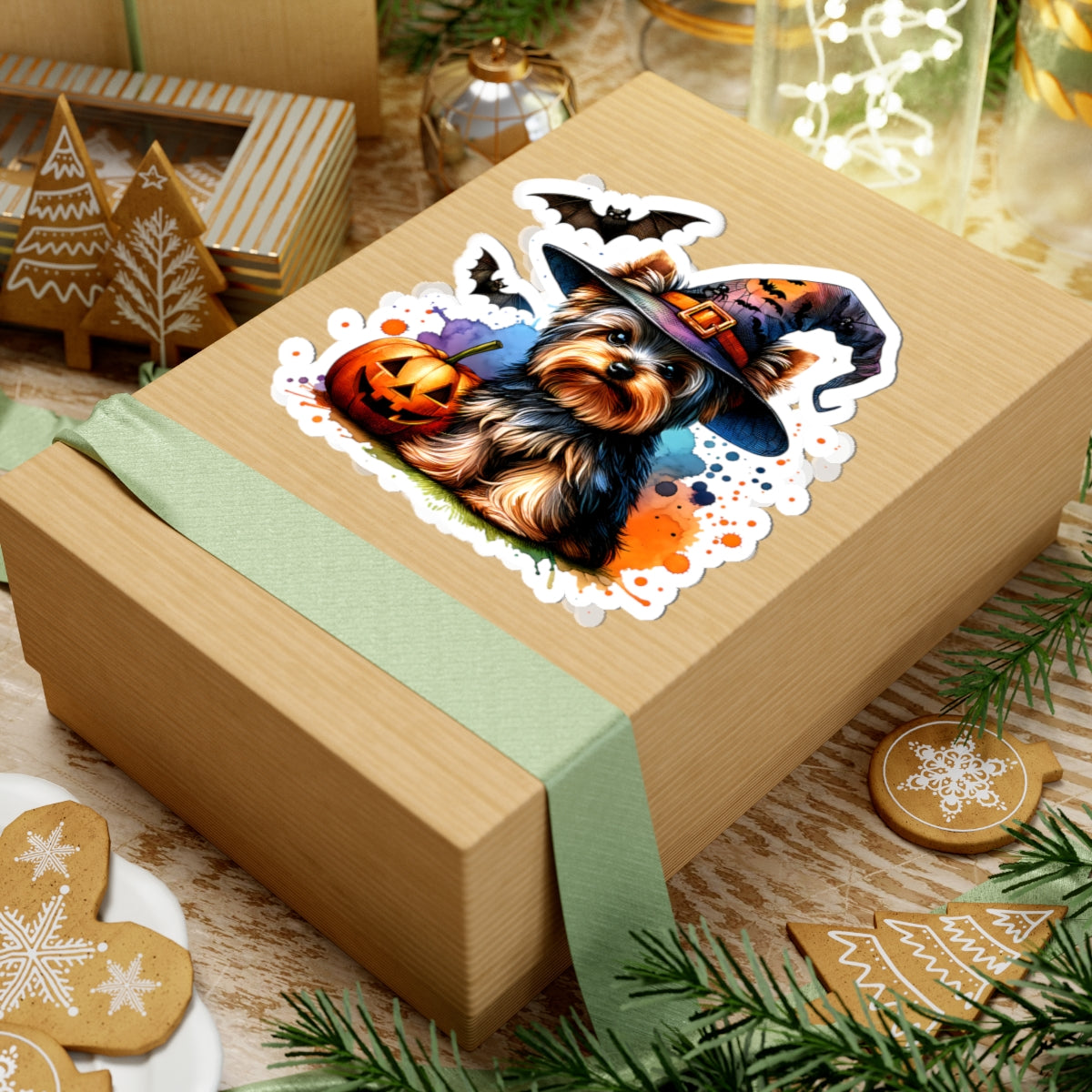 Halloween Yorkie Sticker wearing Witchy Hat