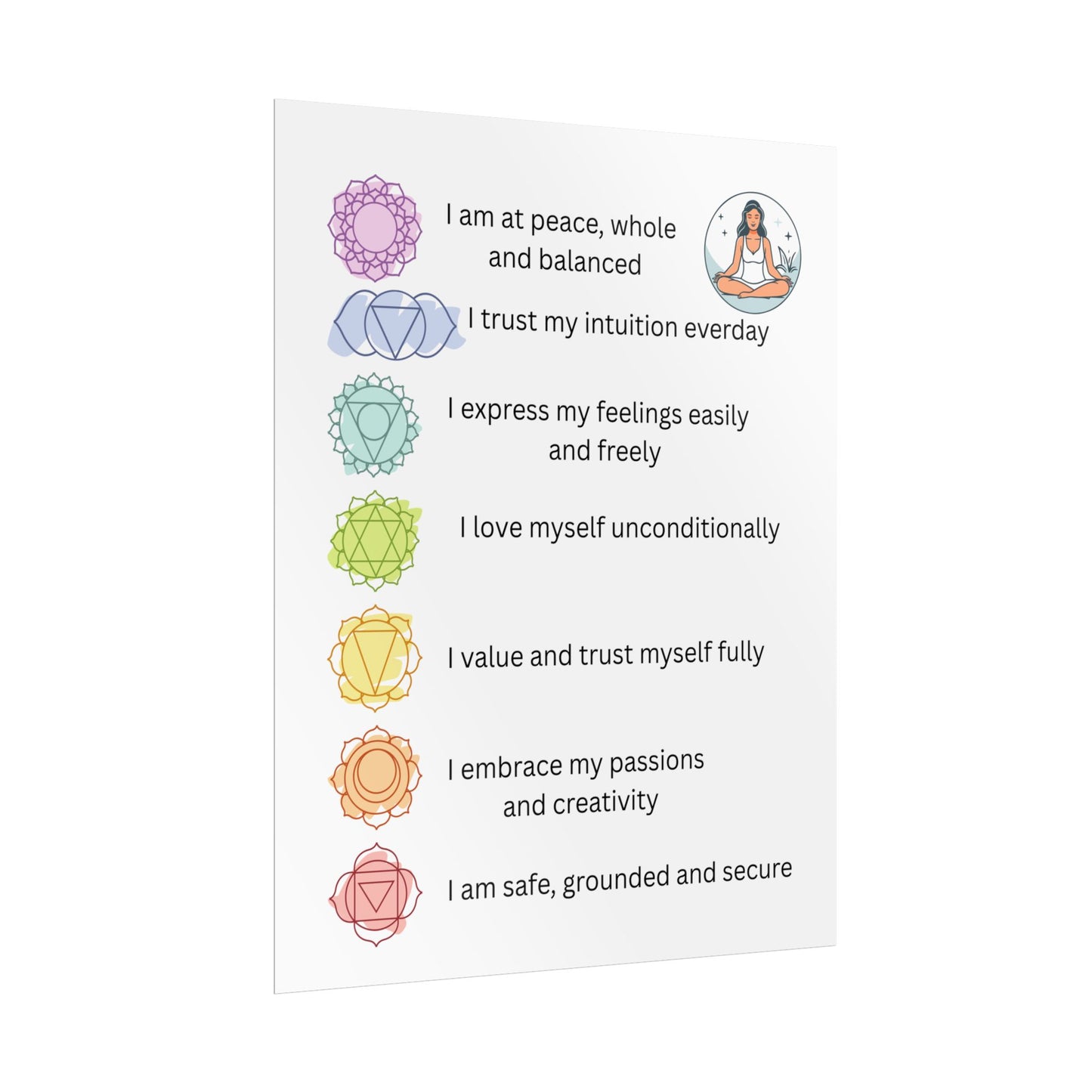 Chakra Affirmation Rolled Posters, Spiritual Decor, Yoga Art, Meditation Wall Art, Mindfulness Gifts, Positive Vibes