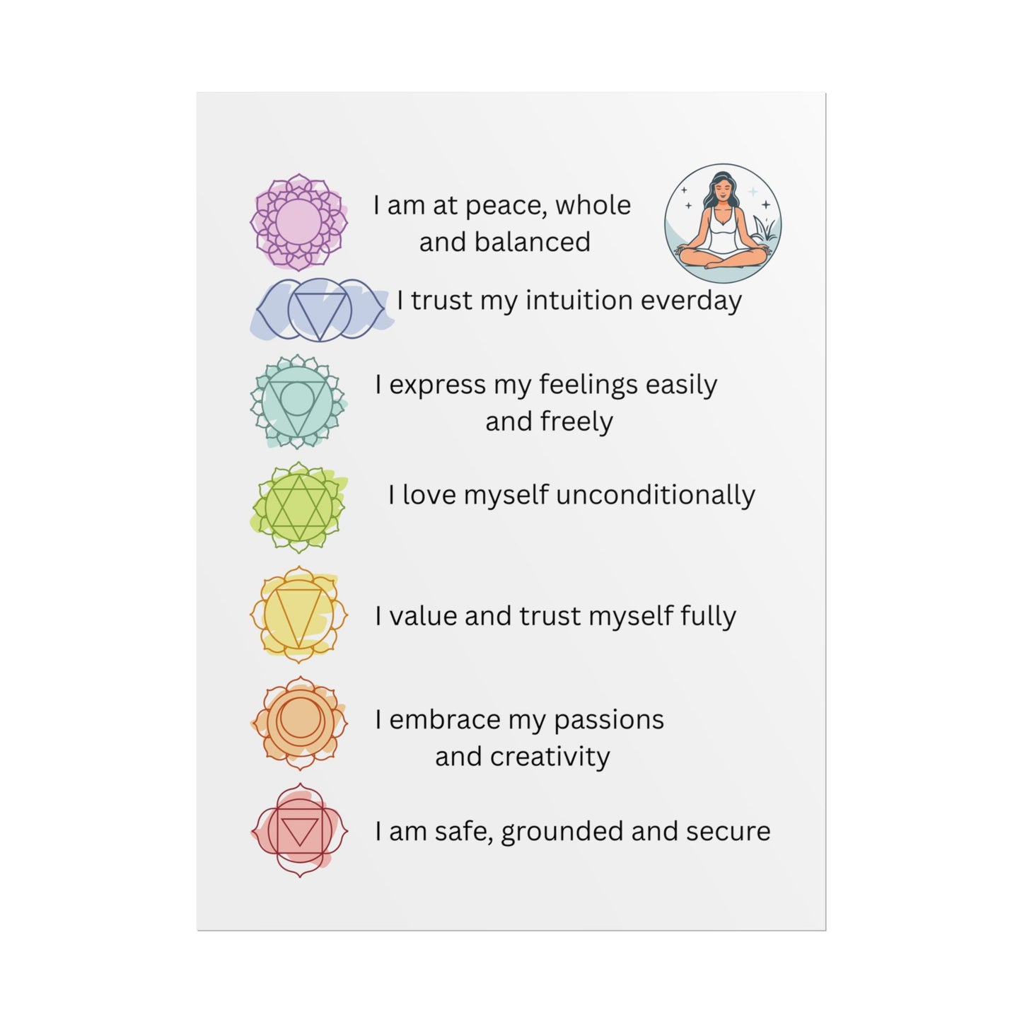 Chakra Affirmation Rolled Posters, Spiritual Decor, Yoga Art, Meditation Wall Art, Mindfulness Gifts, Positive Vibes