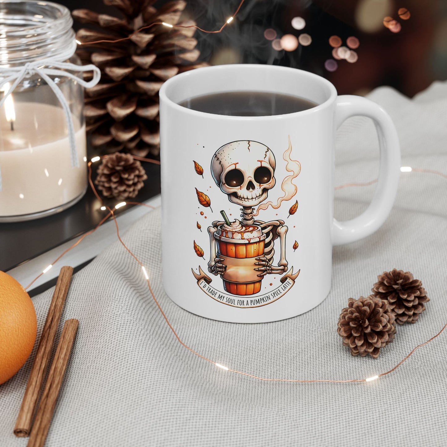 Halloween Skeleton Pumpkin Spice Ceramic Mug, Autumn Coffee Cup, Funny Gift for Her, Fall Decor, Spooky Vibes, Pumpkin Lovers