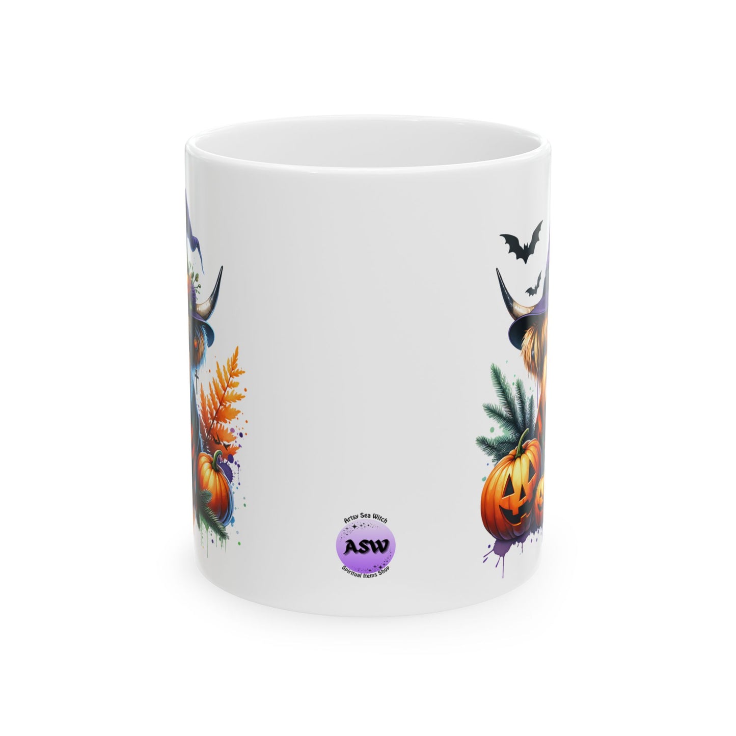 Halloween Highland Cow Mug with Witch Hat – Spooky Farmhouse Style