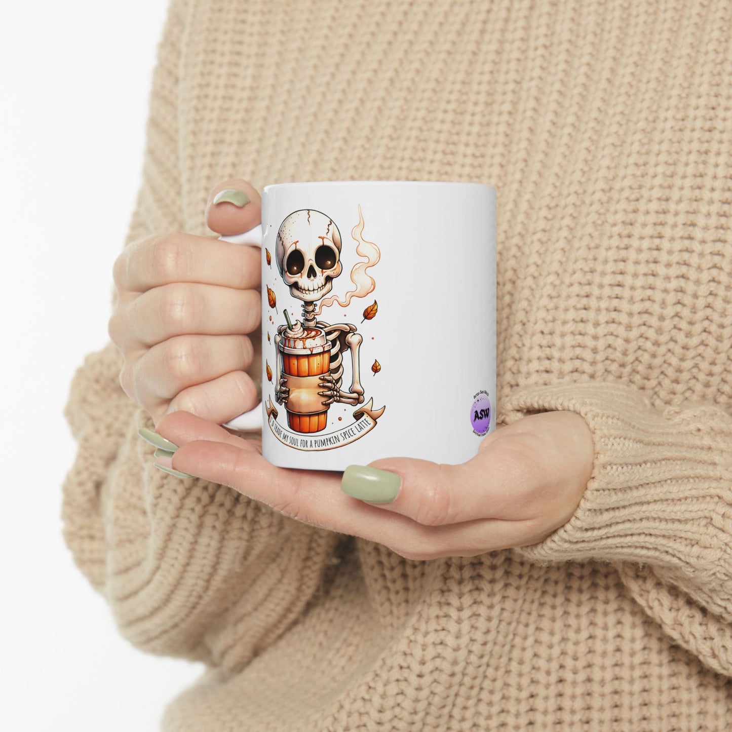 Halloween Skeleton Pumpkin Spice Ceramic Mug, Autumn Coffee Cup, Funny Gift for Her, Fall Decor, Spooky Vibes, Pumpkin Lovers