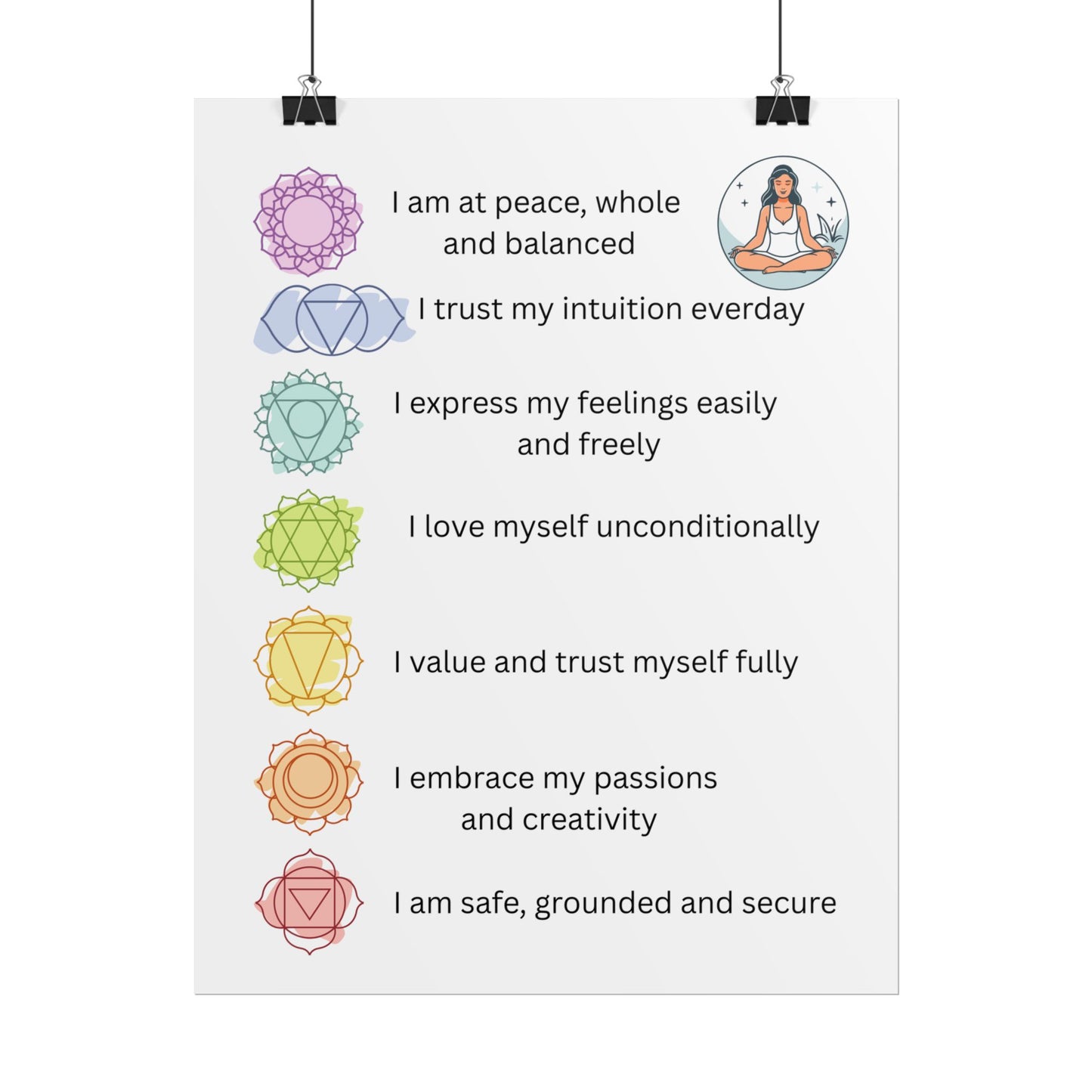 Chakra Affirmation Rolled Posters, Spiritual Decor, Yoga Art, Meditation Wall Art, Mindfulness Gifts, Positive Vibes