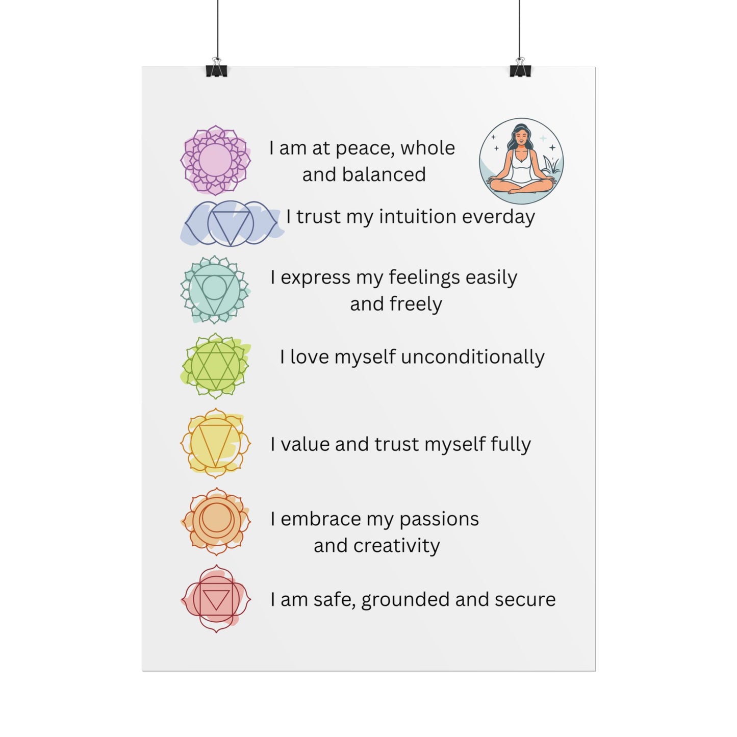 Chakra Affirmation Rolled Posters, Spiritual Decor, Yoga Art, Meditation Wall Art, Mindfulness Gifts, Positive Vibes
