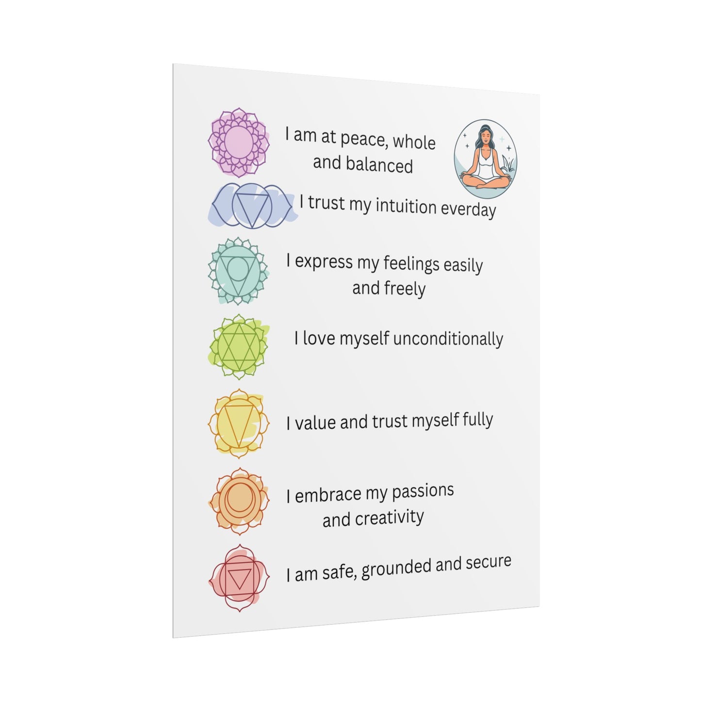 Chakra Affirmation Rolled Posters, Spiritual Decor, Yoga Art, Meditation Wall Art, Mindfulness Gifts, Positive Vibes