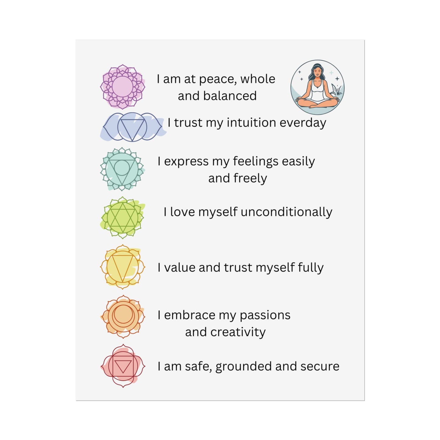 Chakra Affirmation Rolled Posters, Spiritual Decor, Yoga Art, Meditation Wall Art, Mindfulness Gifts, Positive Vibes