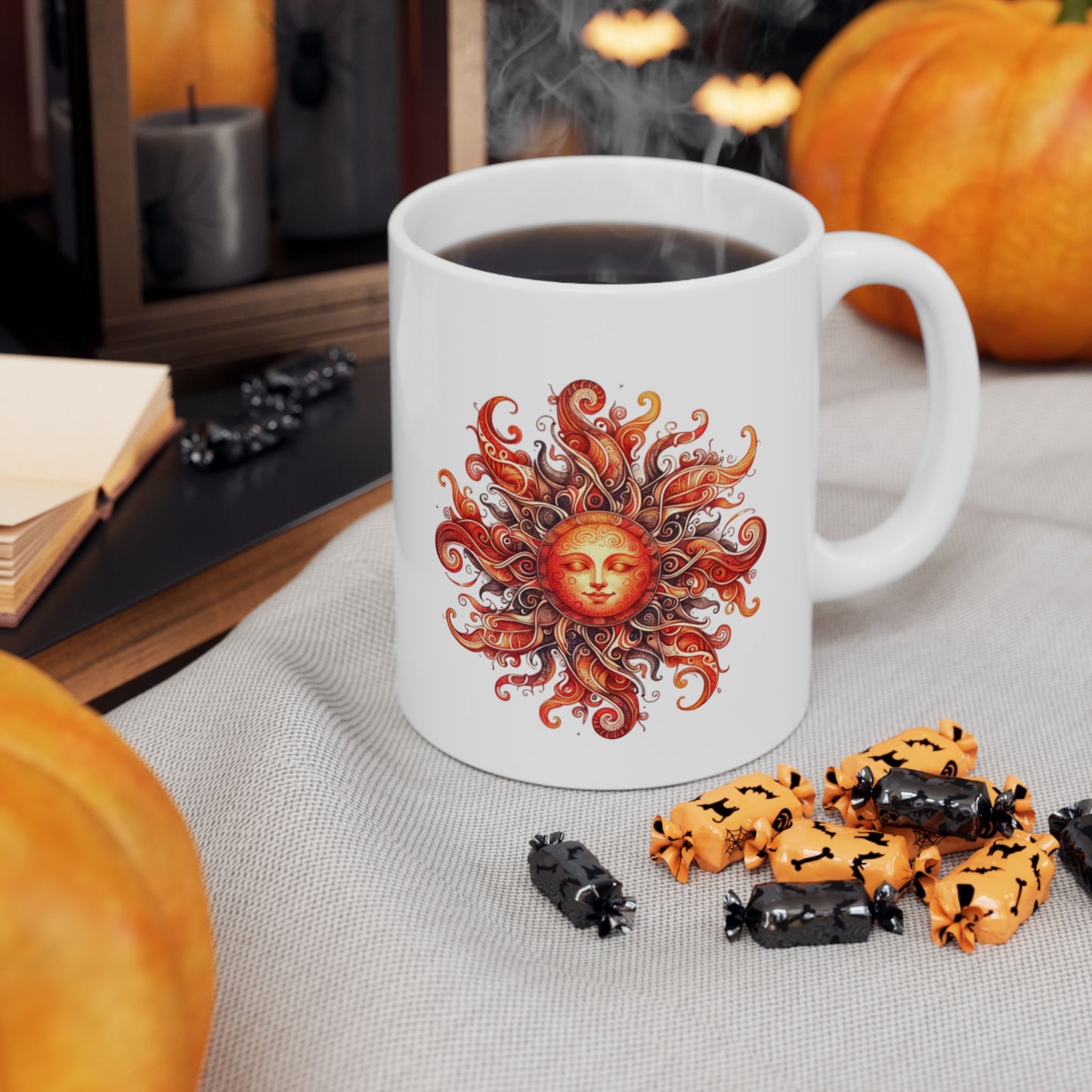 Vibrant Artistic Ceramic Mug with Swirling Fire Celestial Design, Coffee Cup, Tea Mug, Gift for Art Lovers, Unique Kitchen Decor, 11oz
