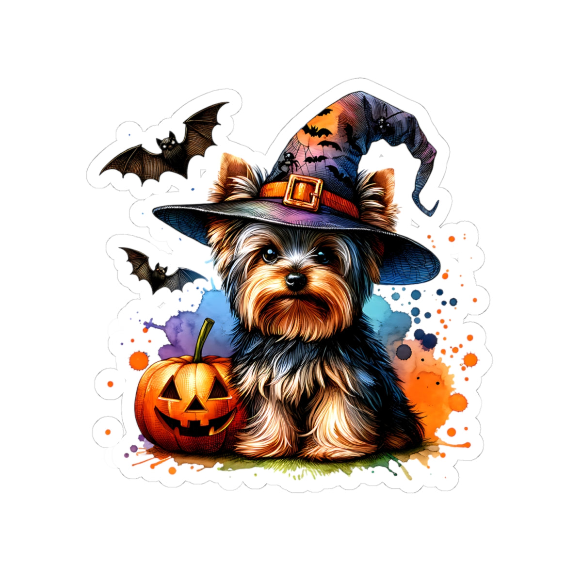 Halloween Yorkie Sticker wearing Witchy Hat