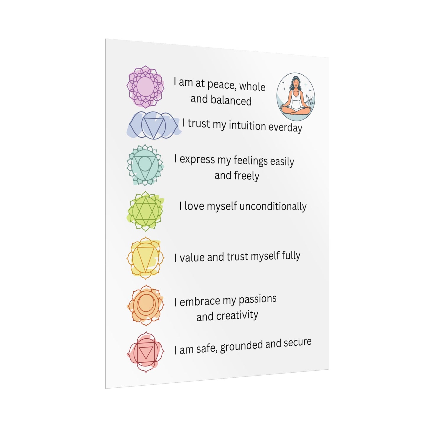 Chakra Affirmation Rolled Posters, Spiritual Decor, Yoga Art, Meditation Wall Art, Mindfulness Gifts, Positive Vibes