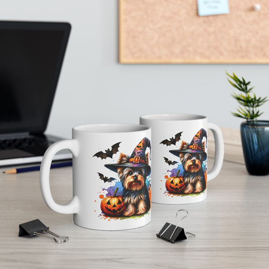 Halloween Dog Ceramic Mug - Cute Yorkie in Witch Hat, Coffee Mug for Dog Lovers, Halloween Decor, Gift for Pet Owners