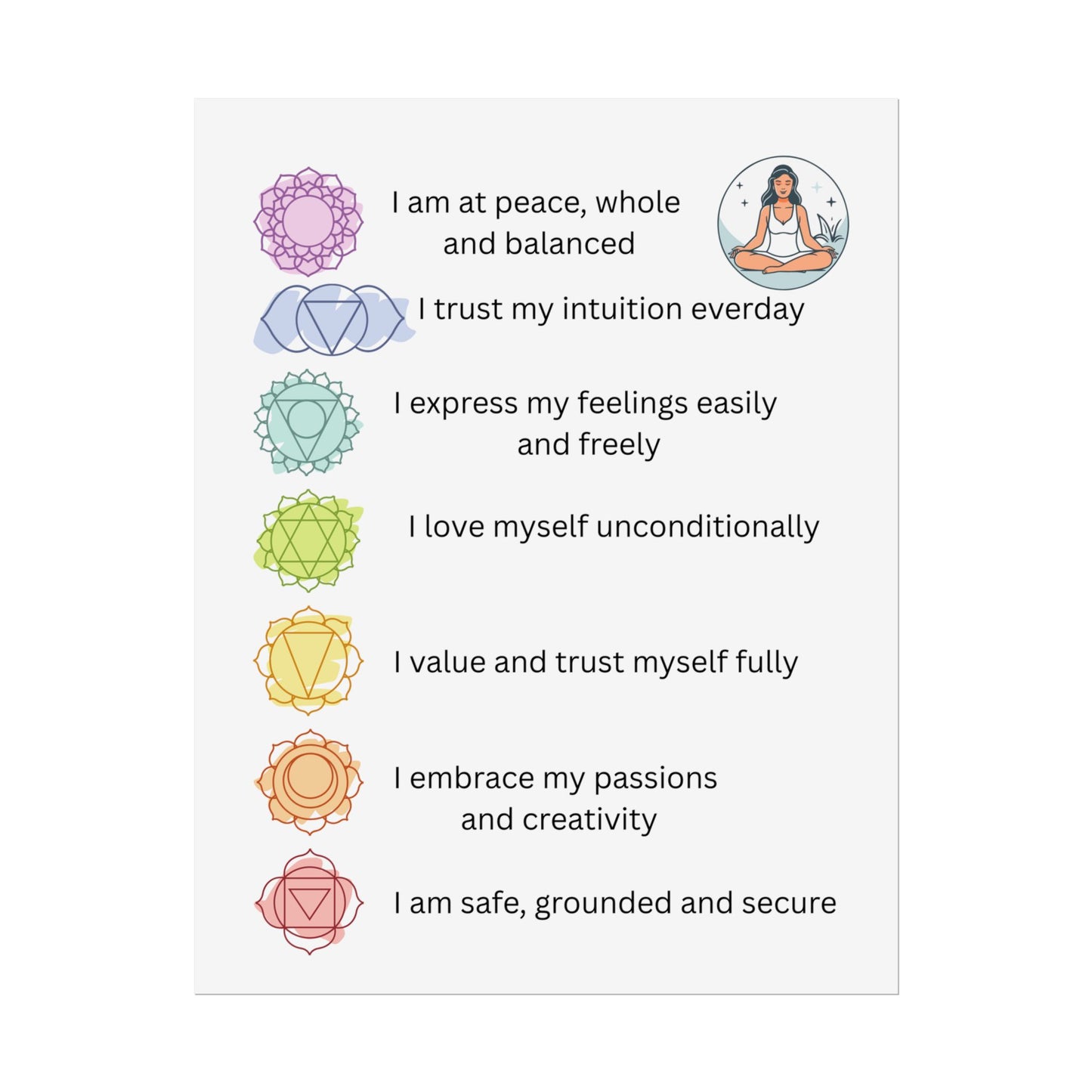 Chakra Affirmation Rolled Posters, Spiritual Decor, Yoga Art, Meditation Wall Art, Mindfulness Gifts, Positive Vibes