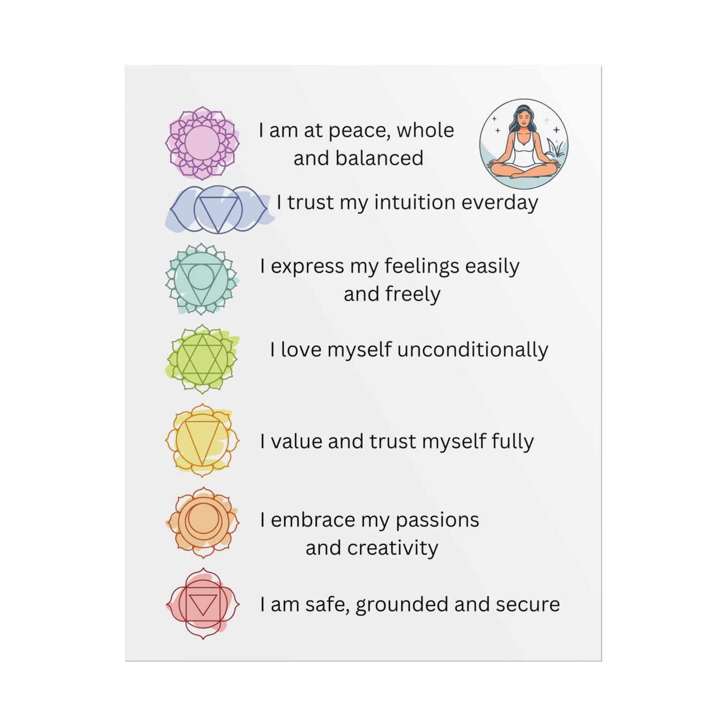 Chakra Affirmation Rolled Posters, Spiritual Decor, Yoga Art, Meditation Wall Art, Mindfulness Gifts, Positive Vibes